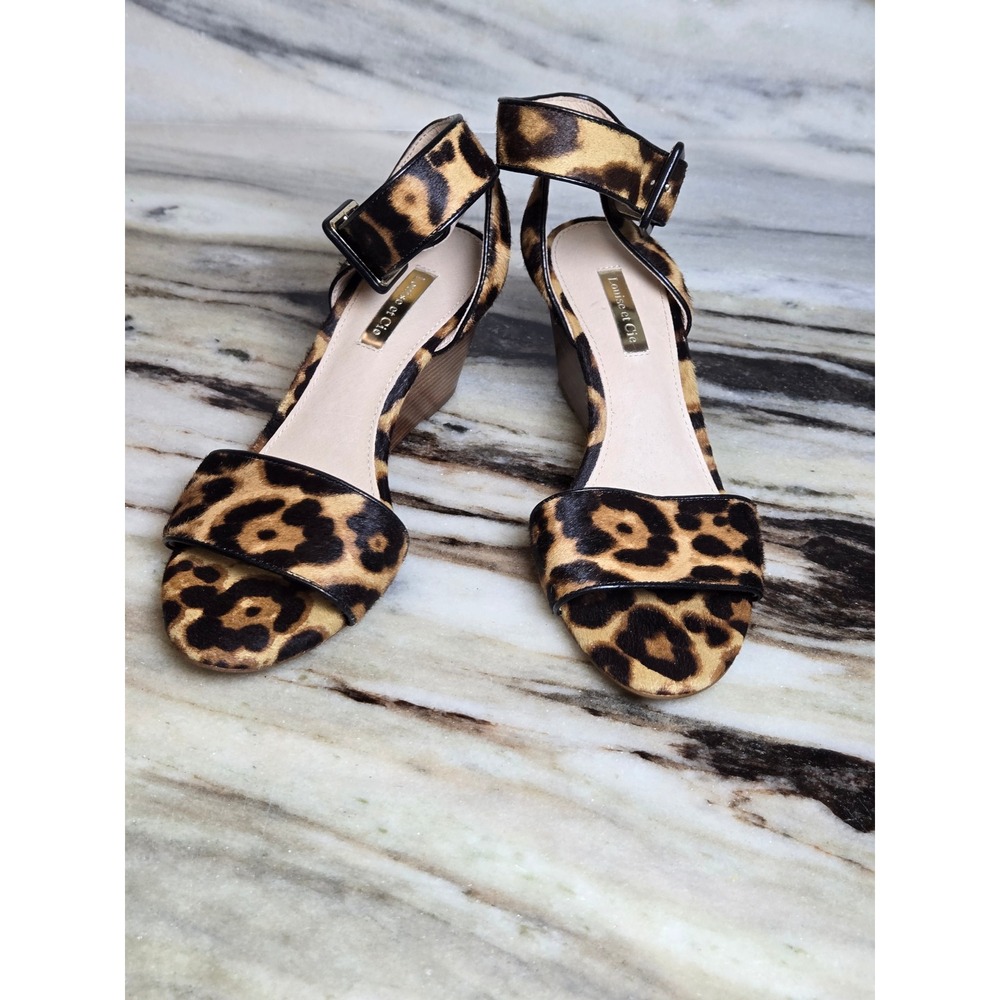 Louise et Cie Leopard Calf Hair Ankle Strap Wedge Sandals Brown Black 3" Heel 6M